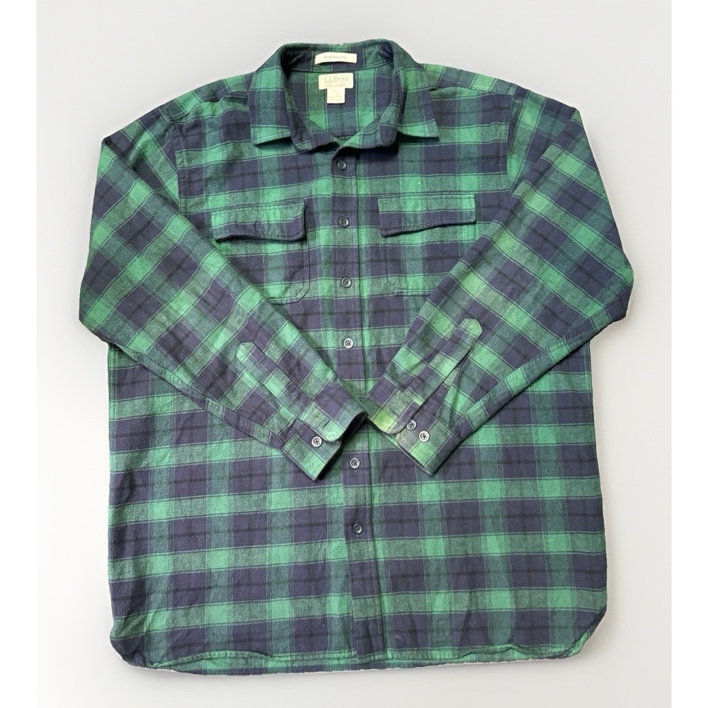 LL Bean Chamois Shirt Green Buffalo Plaid Flannel Mens XL Tall 277982